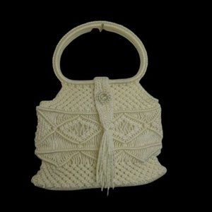 Macrame Style Woven Womens Handled Purse Ivory Colored, Lined SEE DESCRIPTION